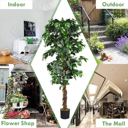 Miniatura 8 de Goplus Árbol de seda artificial de ficus de 6 pies, árbol falso en maceta con hojas verdes y tronco natural, sin mantenimiento, planta sintética