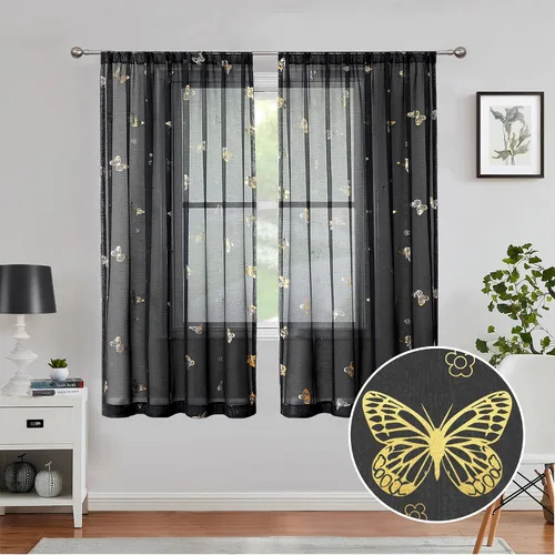 Miniatura 2 de Jubilantex Paneles de cortinas transparentes de mariposas negras y doradas de 52 pulgadas de ancho para dormitorio de niñas, elegantes cortinas