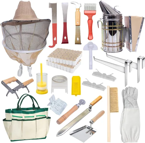 MayBee Suministros de apicultura, kit de inicio de apicultura, 22 piezas, kit de herramientas de apicultura, kit de ahumador de abejas que incluye