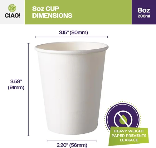 Miniatura 4 de CIAO! Vaso de papel desechable para bebidas calientes de 8oz, blanco, diámetro de 80mm, 1,000