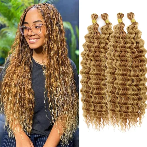Miniatura 30 de Mezcla de cabello humano trenzado sintético bohemio para trenzar, 16 pulgadas de onda profunda a granel para trenzas bohemias, 2 piezas de cabello 1b