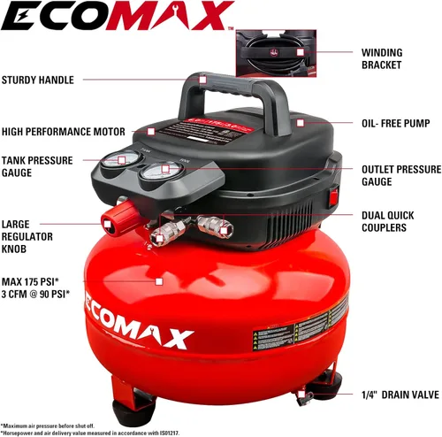 Miniatura 2 de Compresor de aire, compresor de aire panqueque de 6 galones con manguera de aire de 25 pies, presión máxima de 175 PSI/1.5 HP, compresor