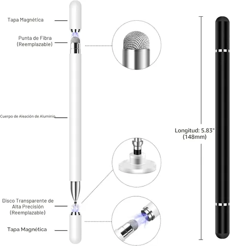Miniatura 2 de Lápiz óptico para pantalla táctil, paquete de 2 lápices capacitivos de disco magnético de alta sensibilidad y precisión para Negro/Blanco