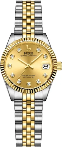 Miniatura 12 de BUREI Reloj de negocios para mujer con fecha de día, movimiento de cuarzo analógico, pulsera de acero inoxidable de oro plateado, reloj de moda
