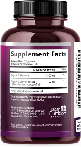 Miniatura 9 de Suplemento de D-manosa – 1,300 mg de manosa D orgánica por porción con extracto de arándano orgánico – Soporte urinario y vejiga natural de acción