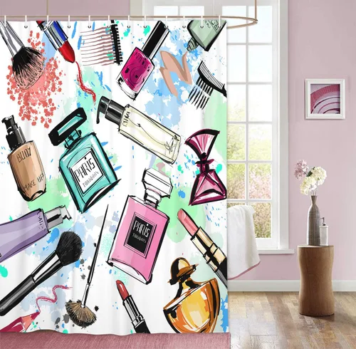 JAWO Cortinas de ducha cosméticas para mujer y niña, elegante perfume de acuarela y lápiz labial, juego de cortinas de baño de tela con ganchos, Azul