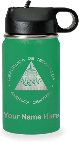 Miniatura 64 de LaserGram Botella de agua personalizada, bandera de Nicaragua, acero inoxidable de doble pared aislada al vacío con popote superior, regalo grabado