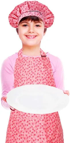 Miniatura 2 de Juego de delantal y gorro de chef para niños, delantales ajustables de algodón para niños con 2 bolsillos, lindos delantales de cocina para niñas