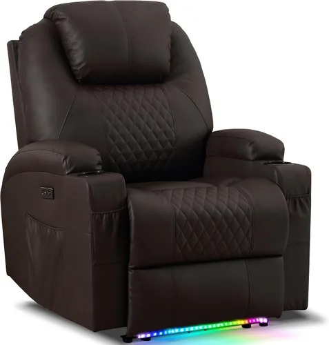 Miniatura 14 de AHMED Silla reclinable eléctrica con masaje por vibración y calor para adultos, asiento de cine en casa de piel sintética con portavasos, luces LED