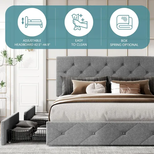 Miniatura 7 de HOOMIC Base de cama de almacenamiento de plataforma de tamaño matrimonial con 4 cajones y cabecera ajustable, listones de madera, no necesita Gris