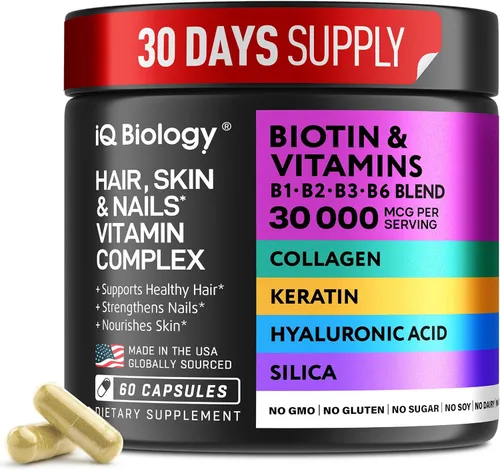Biotina para el Crecimiento del Cabello para Mujeres y Hombres con Queratina, Complejo de Colágeno 30000 mcg – Cápsulas para la Pérdida de Cabello y