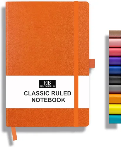 RICCO BELLO - Cuaderno de diario con líneas con soporte para bolígrafo, tapa dura de piel sintética texturizada, rayado universitario, para trabajo,