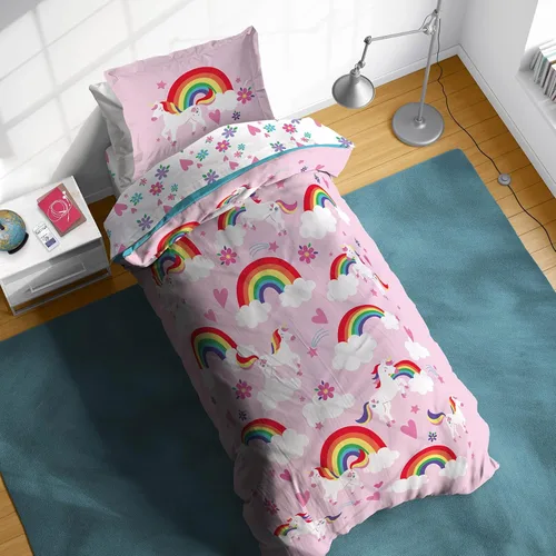 Juego de edredón de unicornios arcoíris de Sunny Side Up para cama individual de 5 piezas - juego de ropa de cama para niños que incluye edredón,
