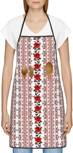 Miniatura 2 de Delantal de chef para hombres y mujeres, estilo bordado ucraniano, color rosa, delantales unisex con cintura ajustable para cocinar, jardinería