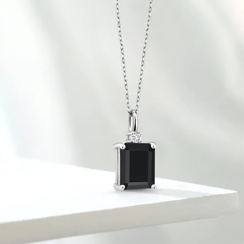 Miniatura 4 de Gem Stone King Collar con colgante de plata 925 de ónix negro y diamantes blancos cultivados en laboratorio para mujer