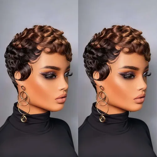 VCK Pelucas cortas de cabello humano para mujeres negras, pelucas cortas de cabello humano en capas, pelucas de corte Pixie para mujeres, pelucas