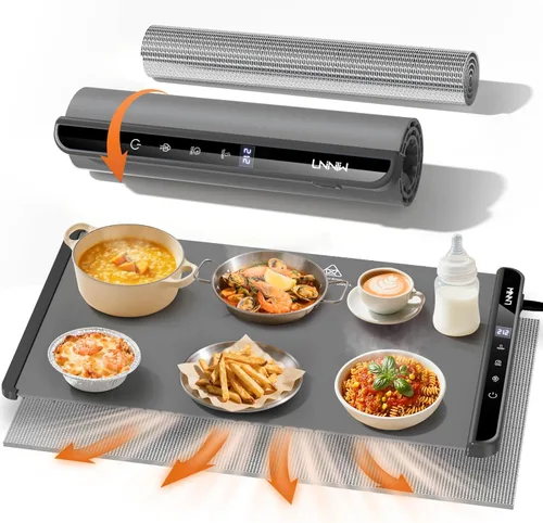 Miniatura 11 de Alfombrilla de calentamiento para alimentos, 6 ajustes de temperatura y 6 temporizadores, platos para bufé, reuniones, fiestas, uso diario Blanco