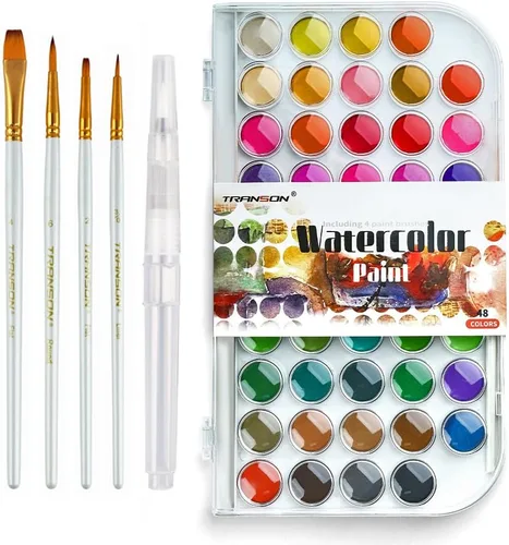 Miniatura 8 de TRANSON Juego de pintura de acuarela de 48 colores con 4 pinceles de pintura y 1 pincel de agua para adultos, estudiantes, principiantes y artistas