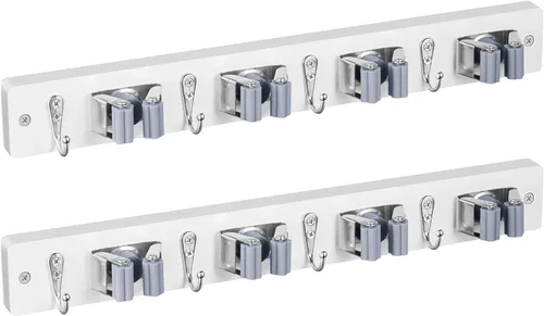 OUTNILI Paquete de 2 Soporte para Escoba y Trapeador de Montaje en Pared - Colgador de Escoba y Trapeador de Madera Blanca - Organizador de Rack de