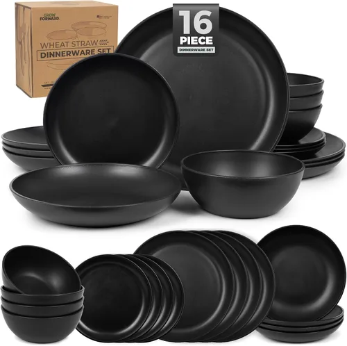 Miniatura 11 de Grow Forward Juego de vajilla de paja de trigo de 16 piezas premium para 4 - Juego de platos y cuencos de plástico irrompibles aptos