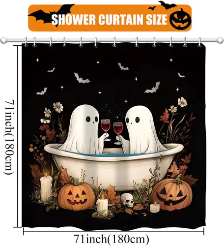Miniatura 2 de GPGHE Cortina de ducha para decoración de Halloween, fantasma, calabaza, murciélago, vacaciones, juego de cortinas de baño retro con 12 ganchos, 71