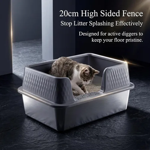 Miniatura 4 de Suhaco - Caja pequeña de arena para gatos de acero inoxidable con entrada lateral, paredes altas y profundas con tapa lateral extraíble, alfombrilla