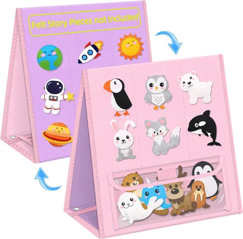 Miniatura 8 de AKAYOK Tablero de fieltro plegable – Tablero de historia de franela de doble cara para aprendizaje preescolar, narración interactiva y juego Rosa