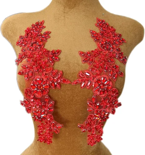 Miniatura 7 de 1 par de decoraciones de vestido de novia de 5.1 x 13.4 in, parches de encaje para coser con cuentas de diamantes de imitación sueltas, piedras