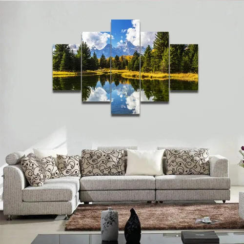 Miniatura 2 de TUMOVO Lienzo decorativo para pared de sala de estar, 5 paneles de naturaleza, Alaska, Estados Unidos, autopista alrededor de montañas, paisaje