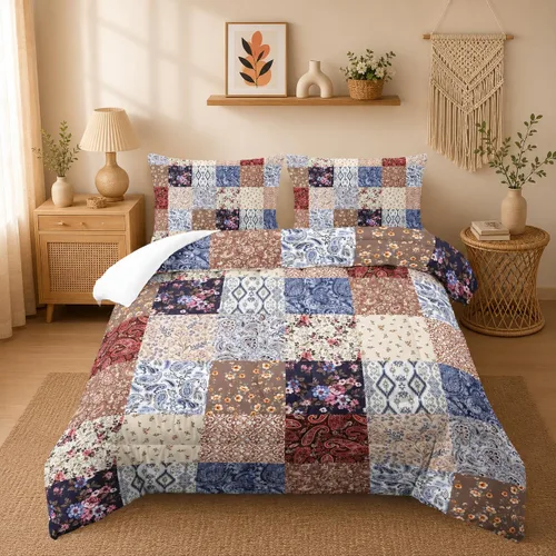 Miniatura 40 de Juego de edredón floral colorido de 3 piezas, juego de ropa de cama botánica bohemia tamaño queen, diseño boho de granja con flores y hojas impresas
