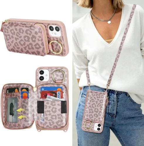Miniatura 49 de Funda Cartera Bandolera para iPhone 11, Cuero PU Cremallera Bolso Cartera Funda Plegable con Tapa, Funda Folio con Soporte con Ranuras para Tarjetas