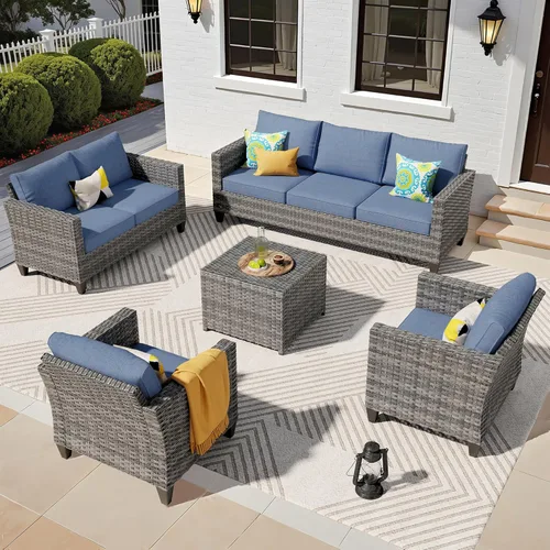 Miniatura 44 de ovios Juego de muebles de patio de 6 piezas, sillas giratorias de mimbre para exteriores con mesa para fogatas de 30 pulgadas, juego de mecedoras