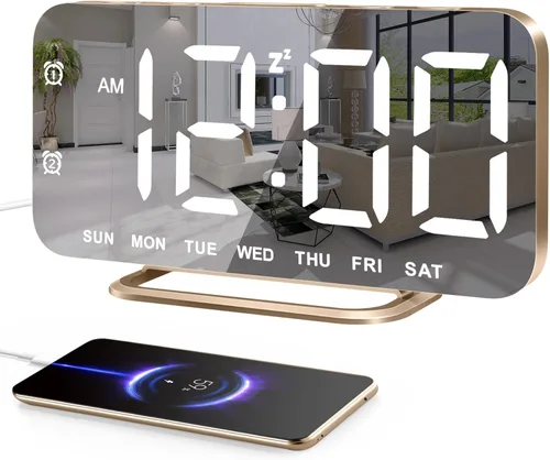 Miniatura 13 de Reloj de alarma digital LED delgado, superficie de espejo para maquillaje, con atenuación, pantalla grande, configuración fácil, puertos USB