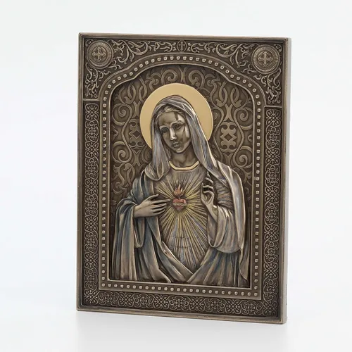 Miniatura 2 de Veronese Design 7 1/2" Inmaculado Corazón de María Placa de pared Escultura de Resina Acabado Bronce