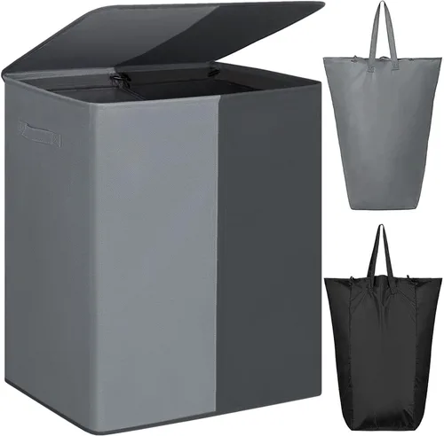 WOWLIVE Cesta Doble de Lavandería con Tapa y Bolsas de Lavandería Extraíbles, Cesta Grande de Lavandería de 154L, Cesta Plegable para Ropa Sucia de