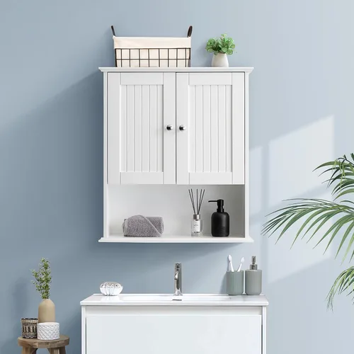 Miniatura 17 de Armario de pared de baño sobre el inodoro, armario de almacenamiento de 2 puertas montado en la pared, botiquín de madera con estantes ajustables