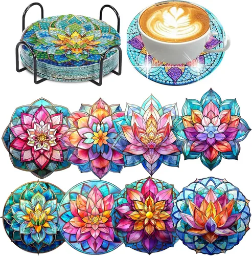 Miniatura 9 de 8 PCS Juego de Posavasos de Arte de Diamantes con Flores, Juego de 8 Posavasos de Pintura de Diamantes con Soporte, Posavasos para Bebidas DIY