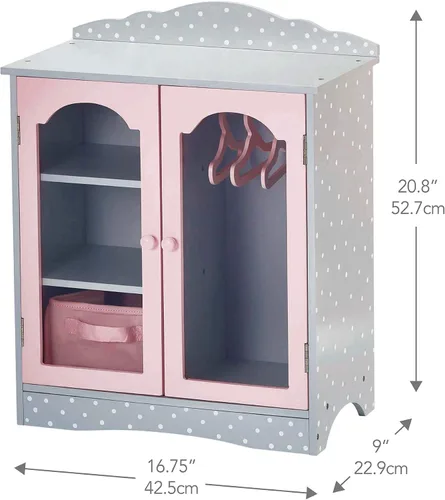 Miniatura 5 de Olivia's Little World Armario doble de madera estilo coctelera de lunares para armarios de muñecas de 18 pulgadas con puertas con ventana, tres