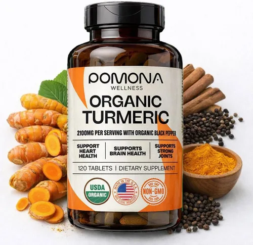 Pomona Wellness Suplemento orgánico de cúrcuma de 2100 mg, USDA orgánico, sin OMG, vegano, curcumina de cúrcuma con pimienta negra para absorción,