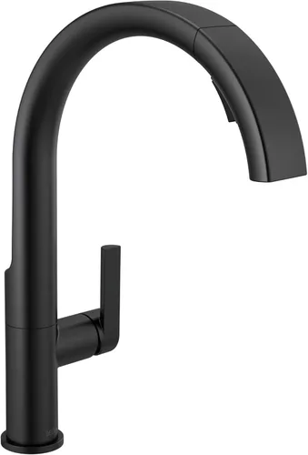 Delta Keele - Grifo de cocina negro mate con rociador extraíble, moderno grifo de fregadero de cocina de un solo agujero, mango único, negro mate