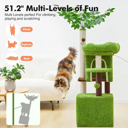 Miniatura 3 de Woochpet Árbol para gatos de 60 pulgadas con poste rascador para gatos en forma de árbol con 2 casas grandes para gatos y cama de percha superior