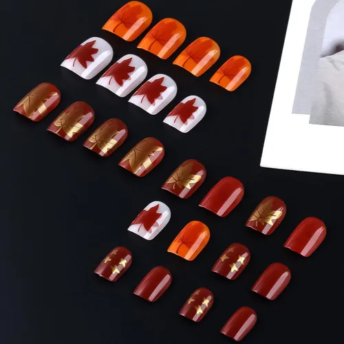 Miniatura 3 de Uñas postizas a presión de otoño, uñas postizas cortas cuadradas de MABKJLF con diseños de hojas de arce, pegamento brillante en uñas, uñas