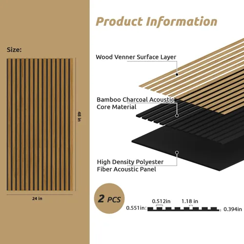 Miniatura 4 de Paneles de pared de madera, paquete de 2 paneles de madera decorativa de 48 x 24 pulgadas, paneles de pared de listones insonorizados (teca)