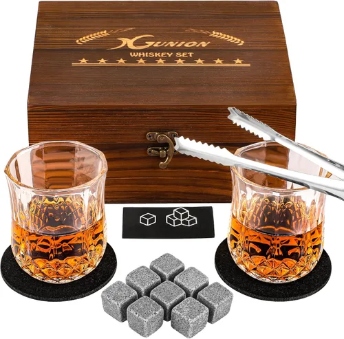 Juego de regalo de rocas de whisky para hombres, papá, novio, juego de vasos de whisky con 2 piedras de whisky y posavasos, regalos para el Día del