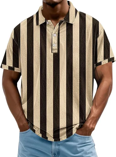 Miniatura 8 de Camisa polo de manga corta para hombre, camiseta de golf a rayas, de manga corta, para vacaciones, casual, cuello en V, camiseta de verano con Rojo