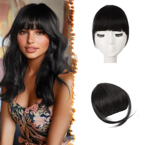 Miniatura 11 de BARSDAR Flequillo postizo de pelo humano real - Flequillo postizo 100% pelo humano para mujeres - Extensiones de flequillo ondulado castaño rojizo