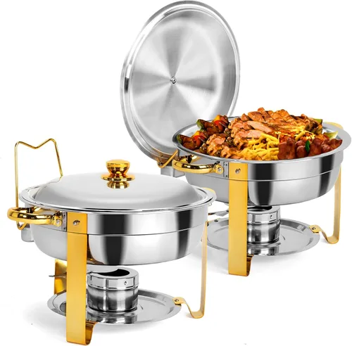 ROVSUN Platos dorados para bufé, juego de 2 platos redondos de acero inoxidable de 6 cuartos de galón con soporte para tapa, juego de calentador de