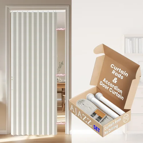Miniatura 11 de AJAZZ Conjunto: Barras para cortinas sin perforación (28-39" de ancho) y cortina acordeón para puerta, beige 43" de ancho × 78" de largo, puertas