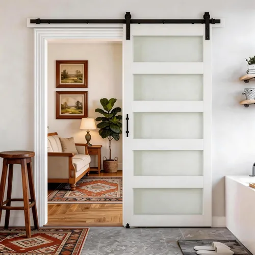 SMARTSTANDARD Puerta de granero de vidrio de 36 x 84 pulgadas con kit de herramientas de 6.6 pies incluido, vidrio de 5 paneles, requiere montaje de