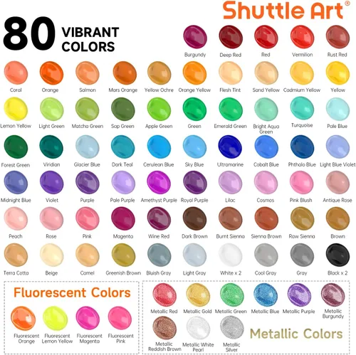 Miniatura 3 de Pintura acrílica de 80 colores Shuttle Art, juego de pintura acrílica con 12 pinceles de pintura, botellas de 2 oz/60 ml, pinturas premium Regular